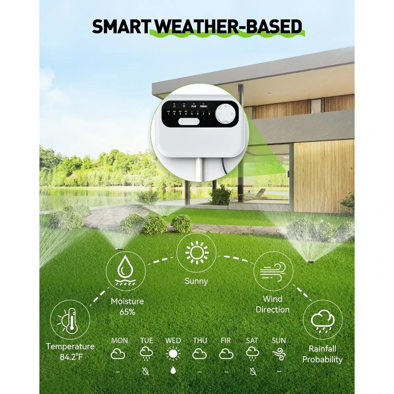 8 Zone Smart Sprinkler Controller - Local Weather-Based WiFi Sprinkler System, Easy Install APP Control Irrigation System