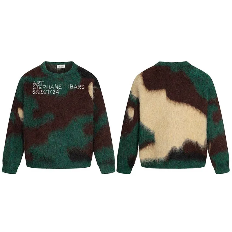

Men's American Letter Contrasting Color Seahorse Hair Crew Neck Long Sleeve Sweater Trendy Brand Loose Casual Knitted Sweater