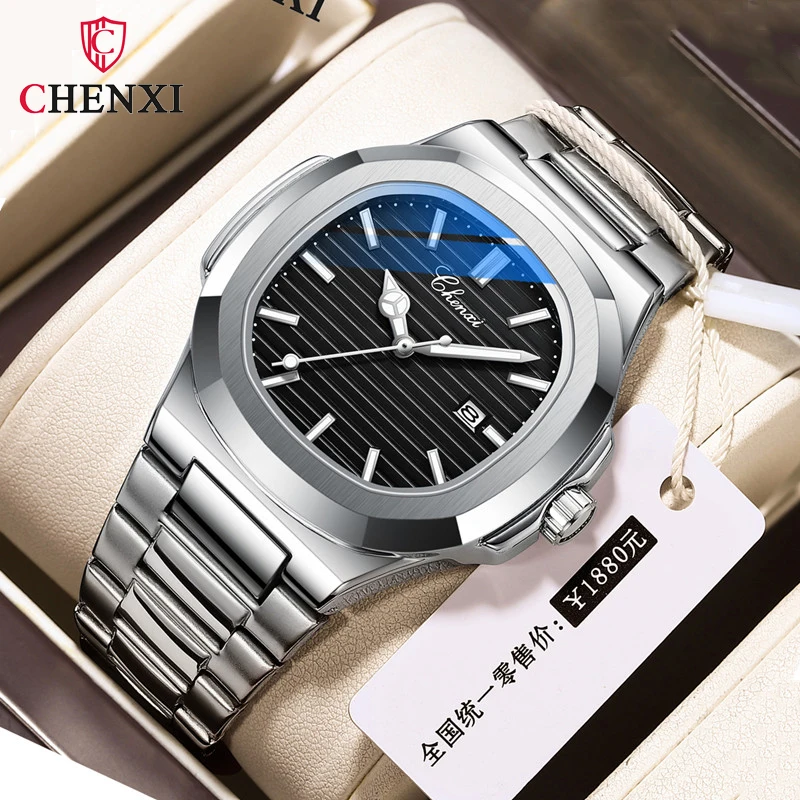 CHENXI-Reloj analógico de acero inoxidable para Hombre, accesorio de pulsera de cuarzo resistente al agua con calendario, complemento masculino de marca de lujo con diseño cuadrado, 8222