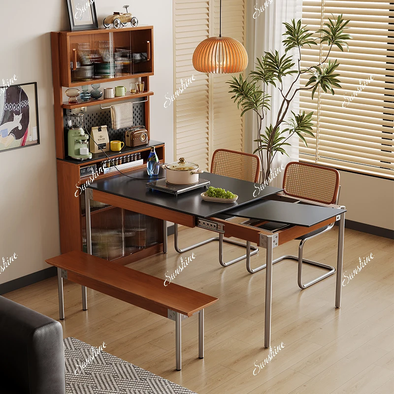 

Nordic medieval retractable rock slab dining table solid wood foldable small apartment dining table