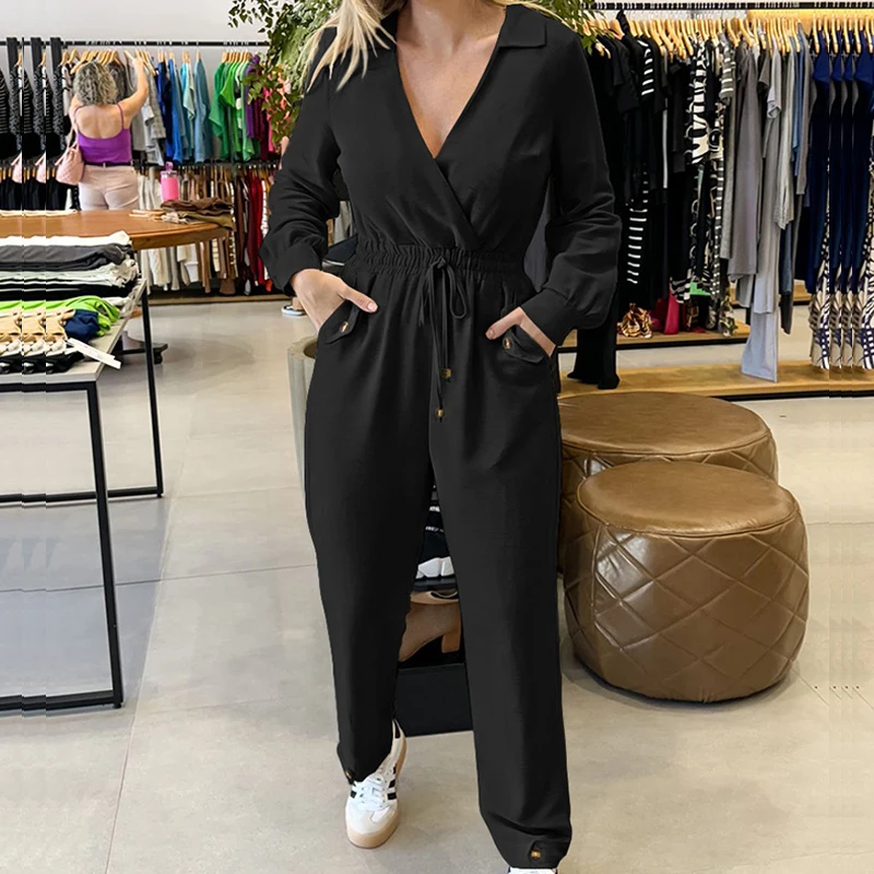 

Vintage Women's Low Cut Long Sleeved Playsuits Office Fashion Drawstring Waist Romper Casual Solid Color Pencil Pants Jumpsuits