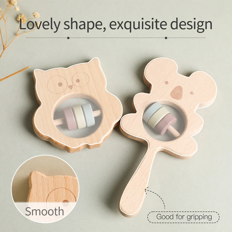 Baby Rattles Cute Wooden Animal Koala Handbells Toy for Kids Baby Newborn Accessories Educational Toys Baby Teether Baby Items