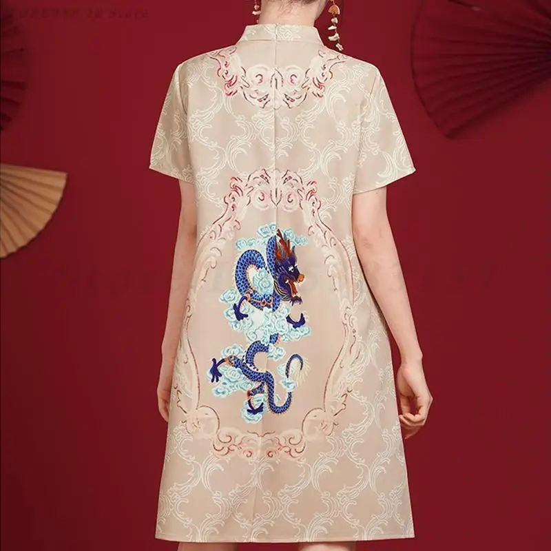 Traditional Chinese Women Qipao Cool Khaki Crane Print Loose Dress Vintage Classic Mandarin Collar Cheongdam Sexy Silm Vestidos