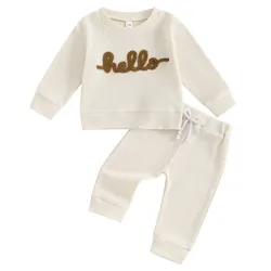 RUEWEY Baby Boy Pant Sets 2Pcs Spring Autumn Clothes Waffle Long Sleeve Letter Embroidery Pullover and Solid Pants Set