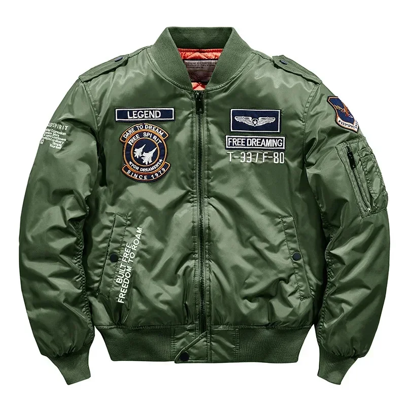 Winter Bomber Jackets Men Letter Pattern Patchwork Thicken Baseball Air Force Jacket Big Pocket Waterproof Thin Coat Army Green