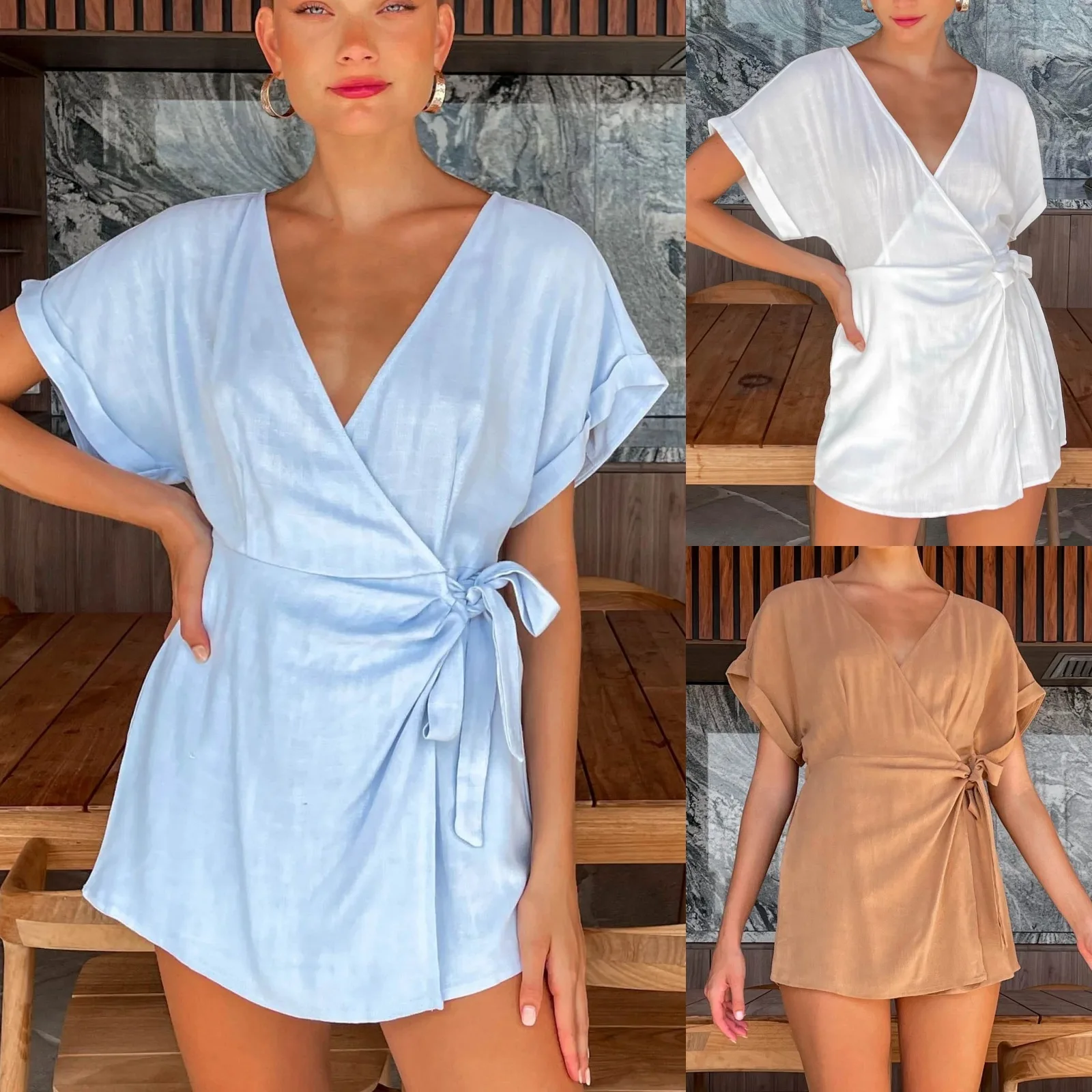 

Women's Summer V-neck High-waisted Tie-up Jumpsuit Shorts Polyester Fiber Short Pants High Waist Design Comfortable Fit