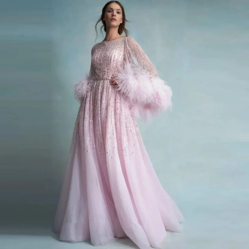 

2024 Pretty Pink Sequined Evening Dresses Formal Occasion Feathers Sparkly Draped Floor Length Wedding Dress for Elegant Women