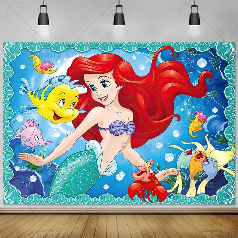 Disney Mermaid Ariel Princess Backdrop for Baby Girls First Birthday Party Decor Supplies Baby Shower Photography Background