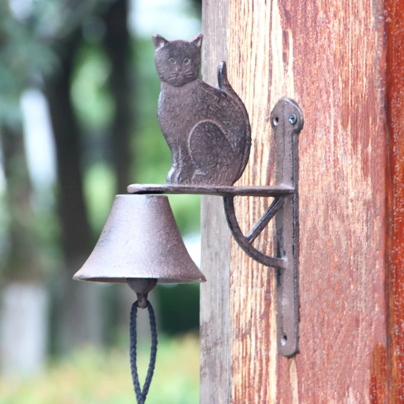 Rustic Cast Iron Cat Wall Hand Cranking Bell Double-sided Farm House Accents For Home Garden Office Bar Outdoor Decoration