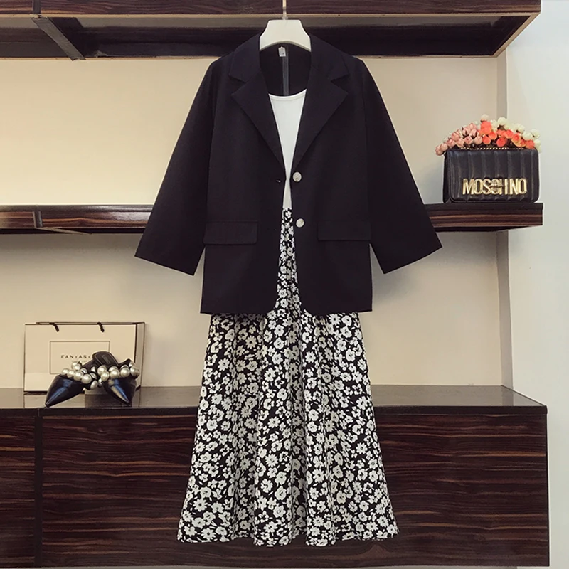 Autumn Black Long Sleeve Suit Top Coat+Black Floral Chiffon Half Lenth Skirt Two Piece Sets 2024 Women Kroean Offcie Lady Sets