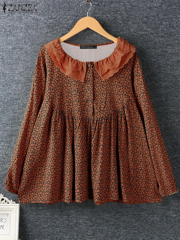 ZANZEA الخريف موضة المرأة الكورية الأزهار بلوزة مطبوعة 2025 تكدرت الرقبة قميص عطلة كم طويل بلايز عطلة ضفائر تونك #1
