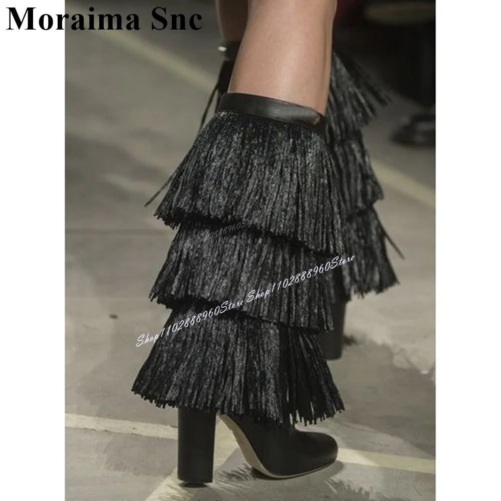 

Mid Calf Black Tassels Decor Runway Boots Chunky High Heel Women Shoes Side Zipper Round Toe 2024 Fashion Zapatos Para Mujere