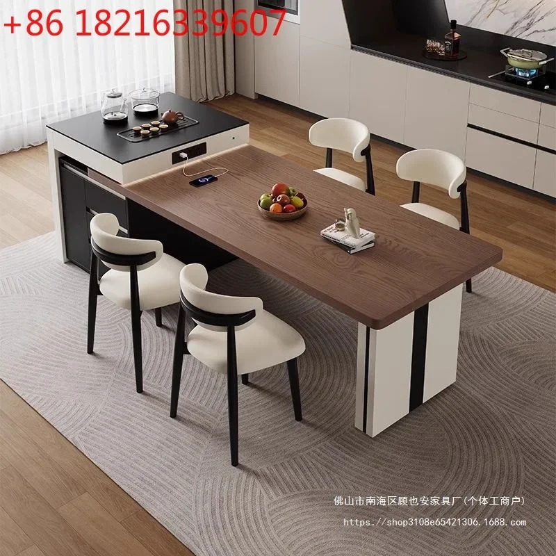 All solid wood light luxury rock slab island dining table integrated retractable modern simple