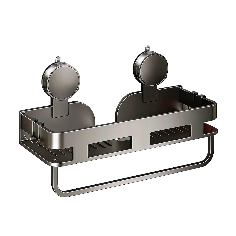 Shower Shelf Organizer with Suction Cups for Bathroom Storage Rack Made of Aviation Aluminum Black Wall Mounted No Drill