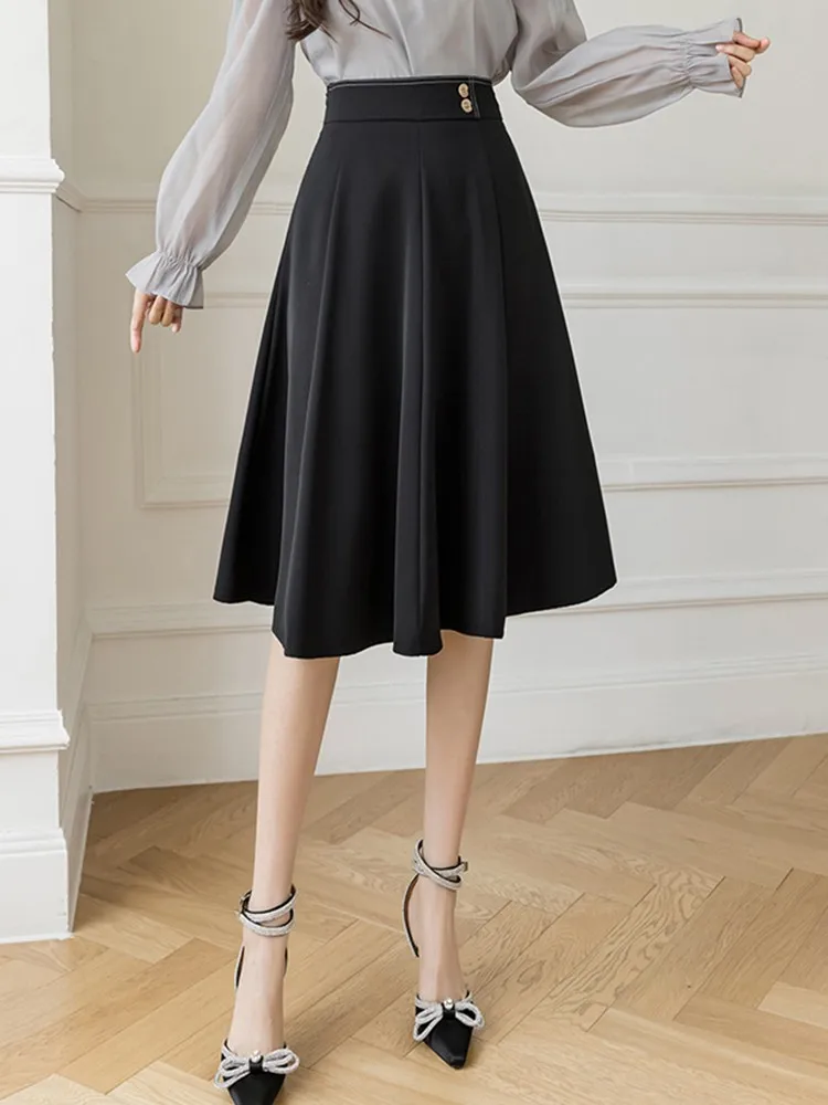 High Waist Lady Big Swing Skirt 2022 Autumn New Retro Commuter Mid-Length A-line Women Skirts Comfortable All-match W1219