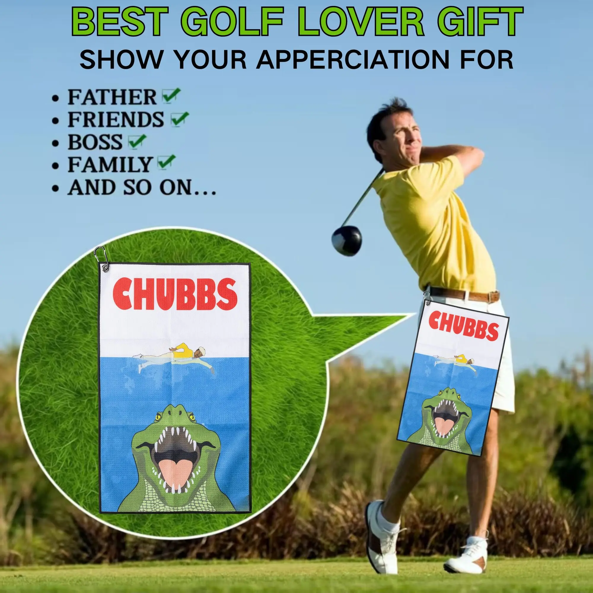 منشفة جولف Fun Happy Gilmore Design - ألياف دقيقة ممتازة مع مشبك حقيبة، هدية عيد الميلاد الإبداعية المثالية لمحبي الجولف.