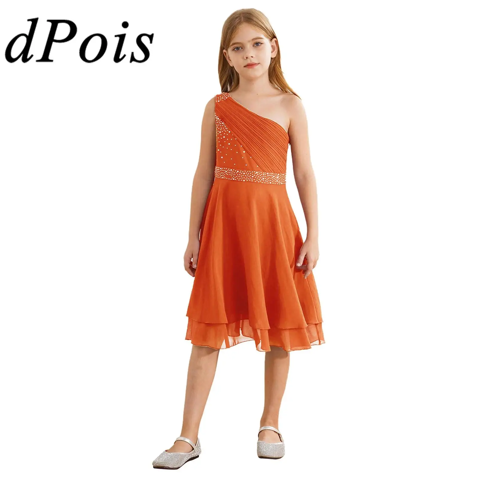 Kid Girl Chiffon One Shoulder Sleeveless A-line Dress Children Princess Dress for Ballroom Dance Party Gown Petites Filles Robes