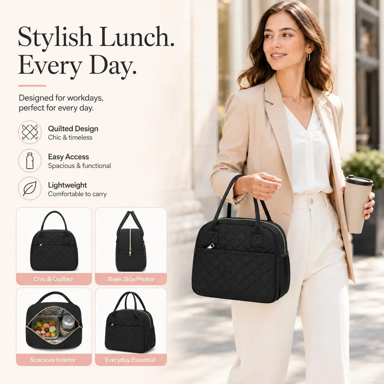 Black Lunch Box for Women Insulated Lunch Bag Lunchbox Cooler Thermal Leakproof Quilted Lunch Tote Bag for Work School Picnic
