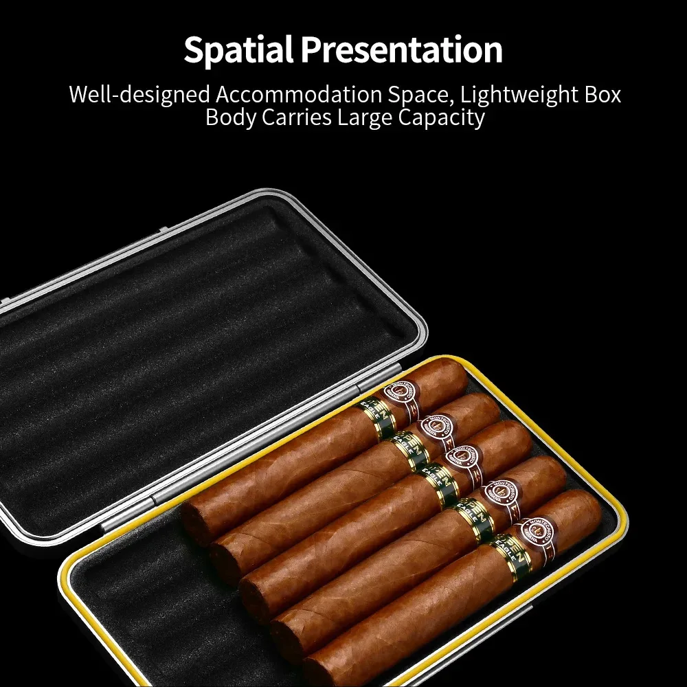 New Product Ultra Lightweight Cigar Organizer Aluminum 5 Cigars Travel Portable Cigar Humidor with Genuine Leather Case