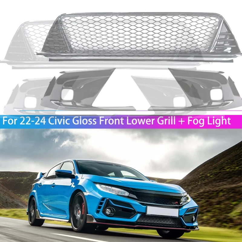 

Для Honda Civic 2022 2023 2024, нижняя решетка переднего бампера + рамка противотуманной фары, накладка, автоаксессуары, нижняя решетка бампера