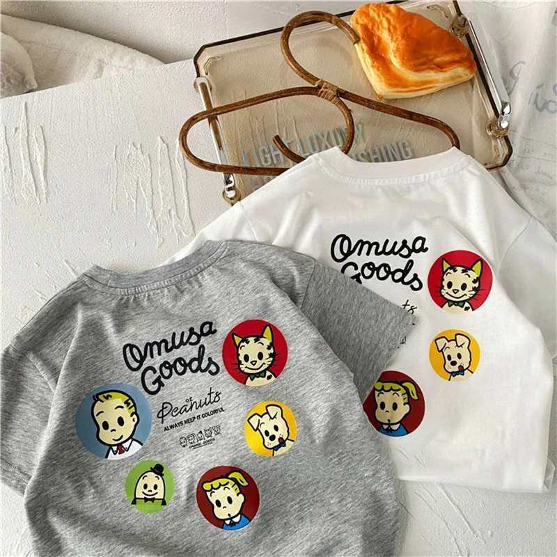 KIDCRKJ Cartoon Casual Childrens Summer Color Blocking Short-Sleeved T-Shirt New Boys Girls Cotton Cartoon Baby Tees Kids Tops
