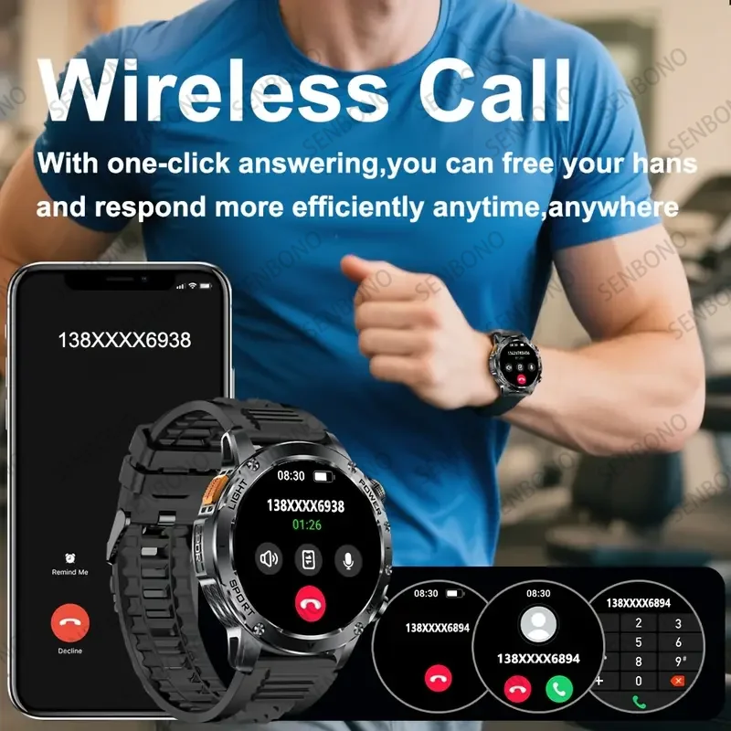 SENBONO 1000mAh Big Battery Smart Watch Bluetooth Call 1.7inch Large Sceen LED Flashlight Sports Waterproof Smartwatch for Men