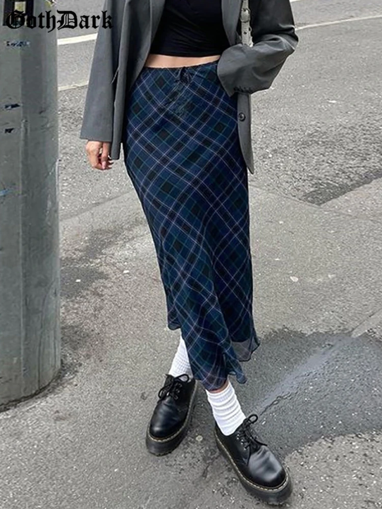 Goth Dark Argyle Plaid Y2k Fashion Midi Skirts Gothic High Waist Slim Tie Up Casual Long Skirt Women Grunge Mesh Sexy Streetwear