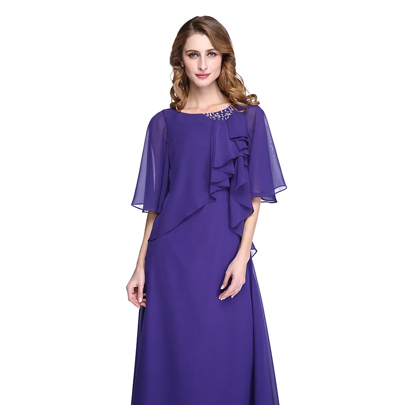 Customized A Line Chiffon Mother of the Bride Dress Jewel Neck Butterfly Sleeves Floor Length Purple Wedding Party Guest Gowns