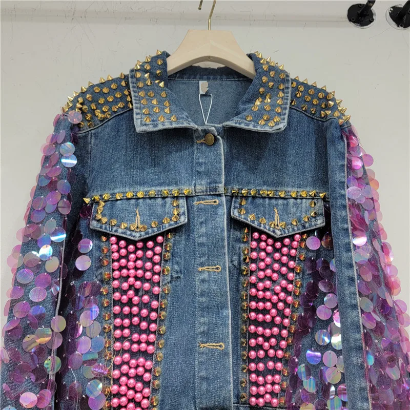 2023 Autumn New Heavy Industry Beaded Powder Sequined Denim Jacket Women's Small Short Top Design Jacket