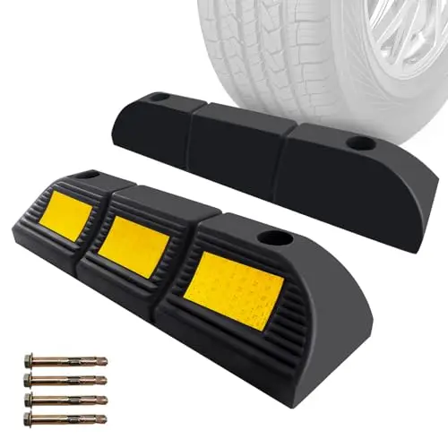 

Reflective Heavy-Duty Rubber Wheel Stop Blocks For Garage, Driveway, And Parking Lot – 2 Pack With Installation Anchors