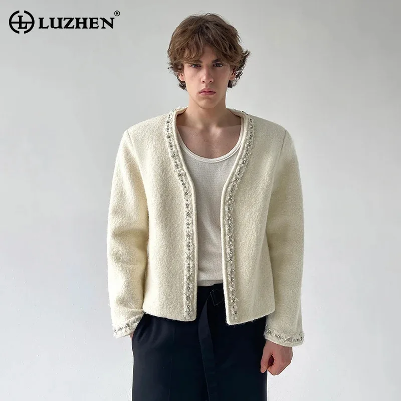 

LUZHEN 2025 New Pearl Sequin Patchwork Decorate Woolen Short Jacket Men's Fashion Luxury Elegant Temperament Casual Coat JY5217