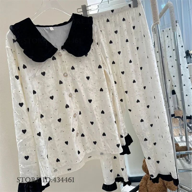 

Autumn Winter Velvet Women's Pajamas Set Sleepwear Sweet Sexy Lingerie Pijamas Suit Retro French Style Velour Homewear Pyjama