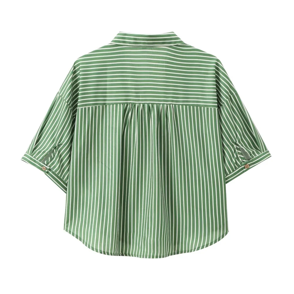 PB&ZA2024 Summer New Product Casual Women\'s Fashion Trend Green Flip Collar Button Striped Shirt Straight Pants Set