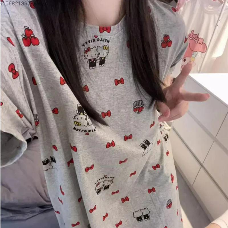 Sanrio Hello Kitty New Summer Cute Nightgown For Women Short Sleeved Tshirt Loose Cartoon Round Neck Pajama Dress Y2k Sleepwear