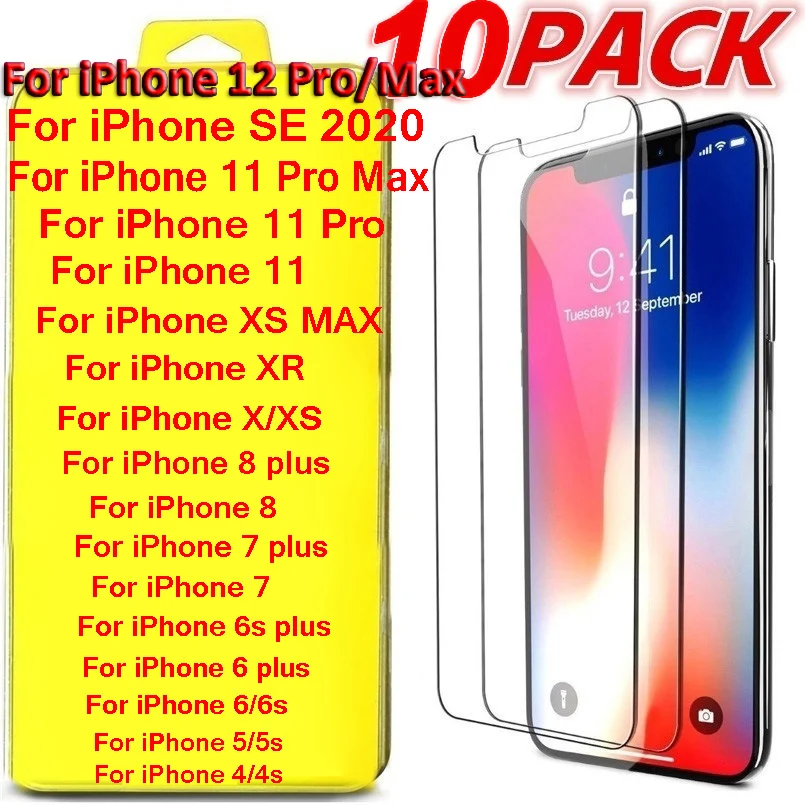 Protetores de tela de vidro temperado para iphone 12, x, xs, 11 pro max, xr, 6, 7, 8 plus, se 2020, filme frontal de tela, 1/10 peças