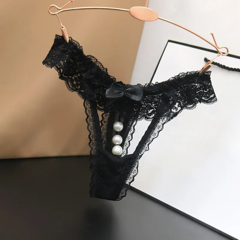 Women Sexy Lace Panties Holllow Out Pearl Beading Erotic G-string Panties Low Waist Thong Open Sexy Lingerie for Women Underwear