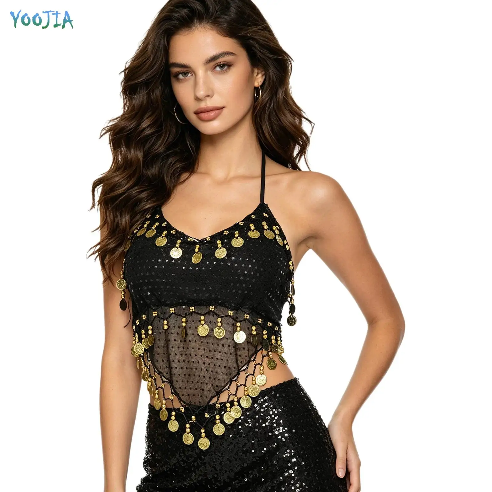 top-curto-de-danca-do-ventre-para-mulher-com-decote-em-v-alcas-finas-costas-abertas-detalhes-em-lantejoulas-e-franjas-com-bojo-embutido-ideal-para-apresentacoes-e-espetaculos