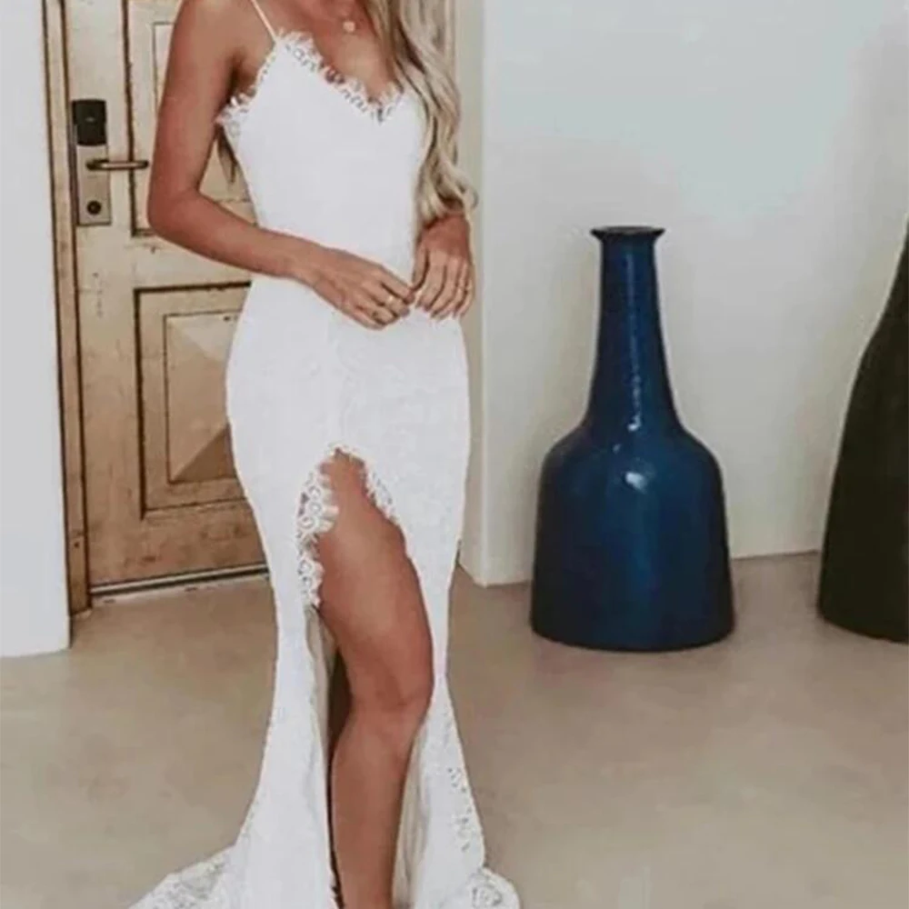 

Sexy Spaghetti Strap Deep V-Neck Lace Applique Bridal Gown Ball Dress High Side Slit Backless Tulle Train Robe De Mariée