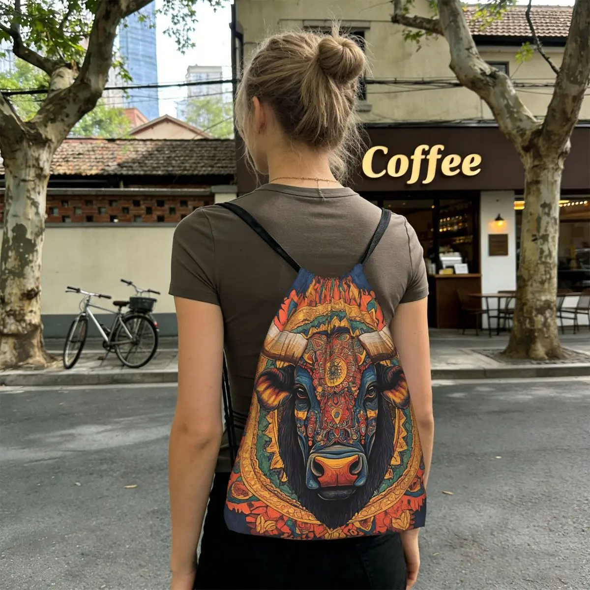 Ox Head Surrounding The Flowers Pattern Backpacks Fashion Drawstring Bags Sports Bag Book Bags for Man Woman Students