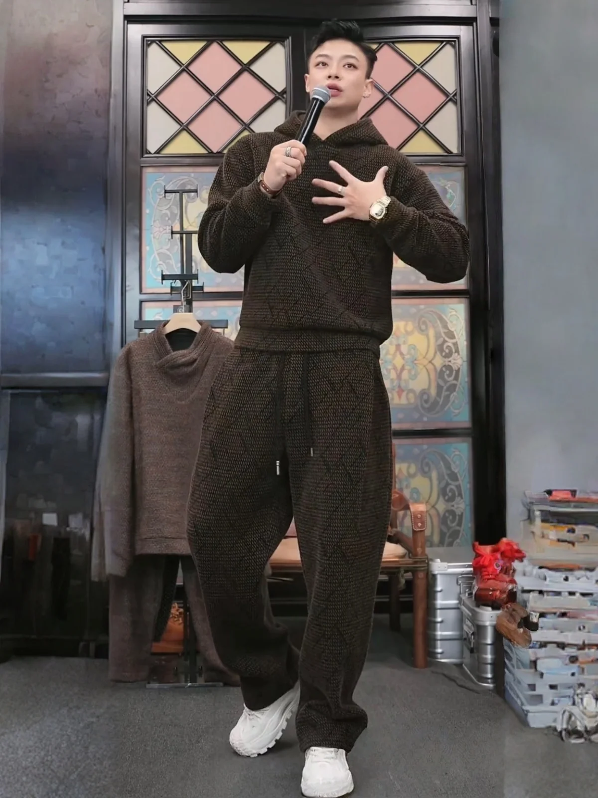 

Зимний утепленный вязаный повседневный комплект: мужской утепленный худи на флисе и длинные брюки, комплект из двух предметов, молодежный, из смесового хлопка