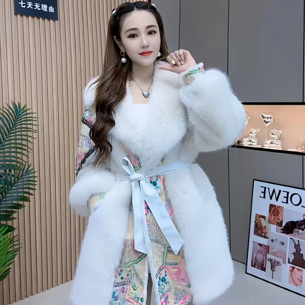 Faux Fur Coat for Women, Sequins Jacket, Loose Long Overcoat, Thick Warm Female Clothing, Fashion,High Quality, New, Winter