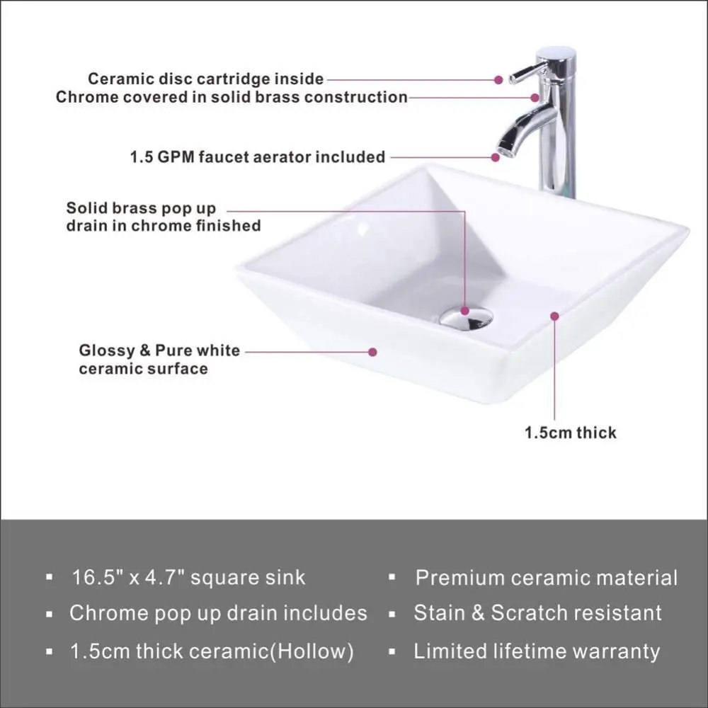 16.5" Square Bathroom Vessel Sink White Porcelain Counter Bowl for Bathroom Vanity Vessel Sink Rectangle Bathroom Modern Above