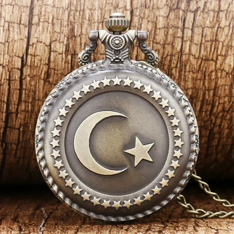 Bronze Turkey Flag Design Men Women Quartz Pocket Watch Carving Moon Star Pendant Necklace Chain Clock Reloj de bolsillo
