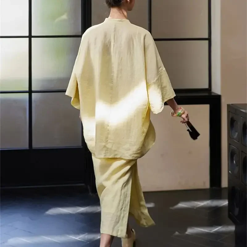 ฤดูร้อนใหม่ 2 ชิ้นชุดผู้หญิงสไตล์จีนสบายๆหลวมไม่สมมาตร Hem เสื้อและกระโปรงยาวแยกชุดกระโปรงนุ่มชุด