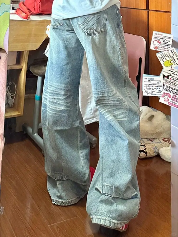 HOUZHOU Niebieskie Jeansy Damskie Y2k z Haftem, Prane, Niski Stan, Szerokie Nogawki, Amerykański Styl Vintage, Luźne Spodnie Denimowe, Spodnie Uliczne Harajuku