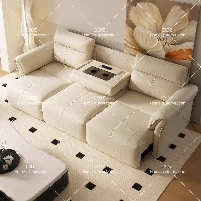 2025 new first-class electric leather sofa multi-functional living room double three-person intelligent straight space