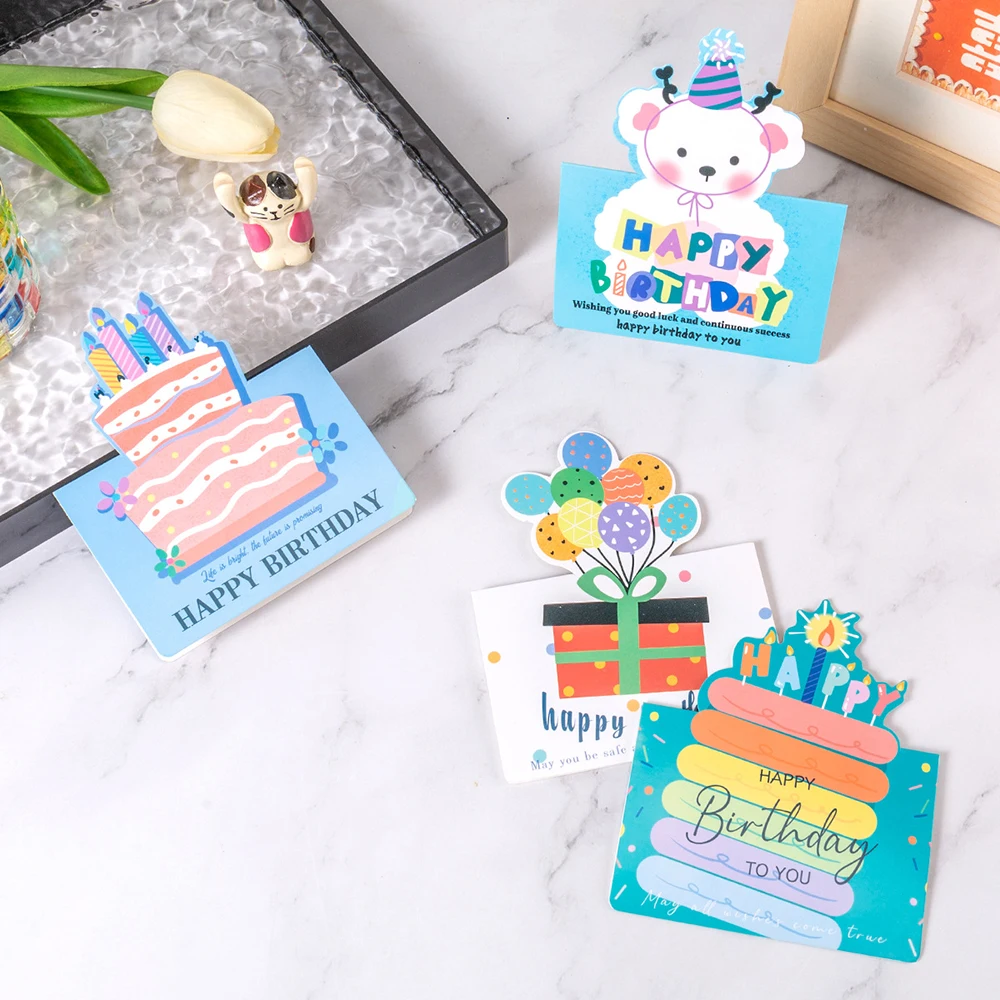 10 Birthday Cards, 3D Small Size Cartoon, Simple Folding, Handwritten Blessing Message, Birthday Card