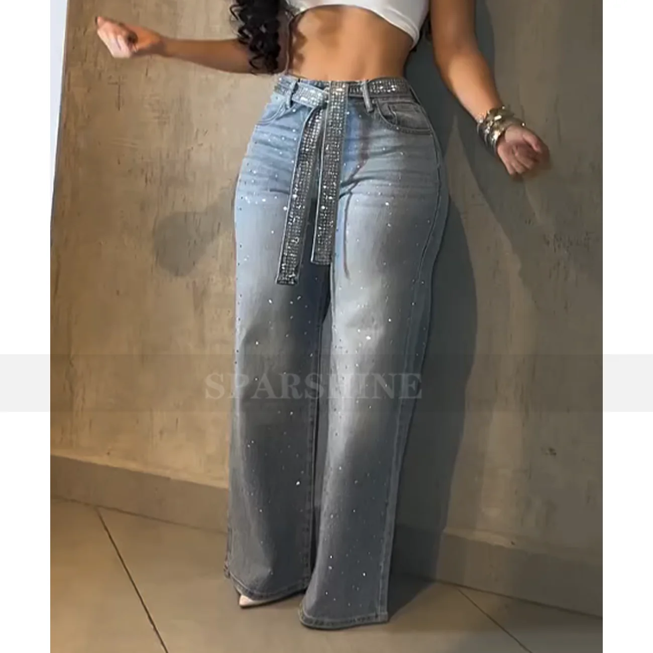Women's Drilled Straight Leg Jeans Retro Nail Bead Baggy Jeans Ladies Stylish Denim Trousers Y2K Streetwear Women's Bottoms