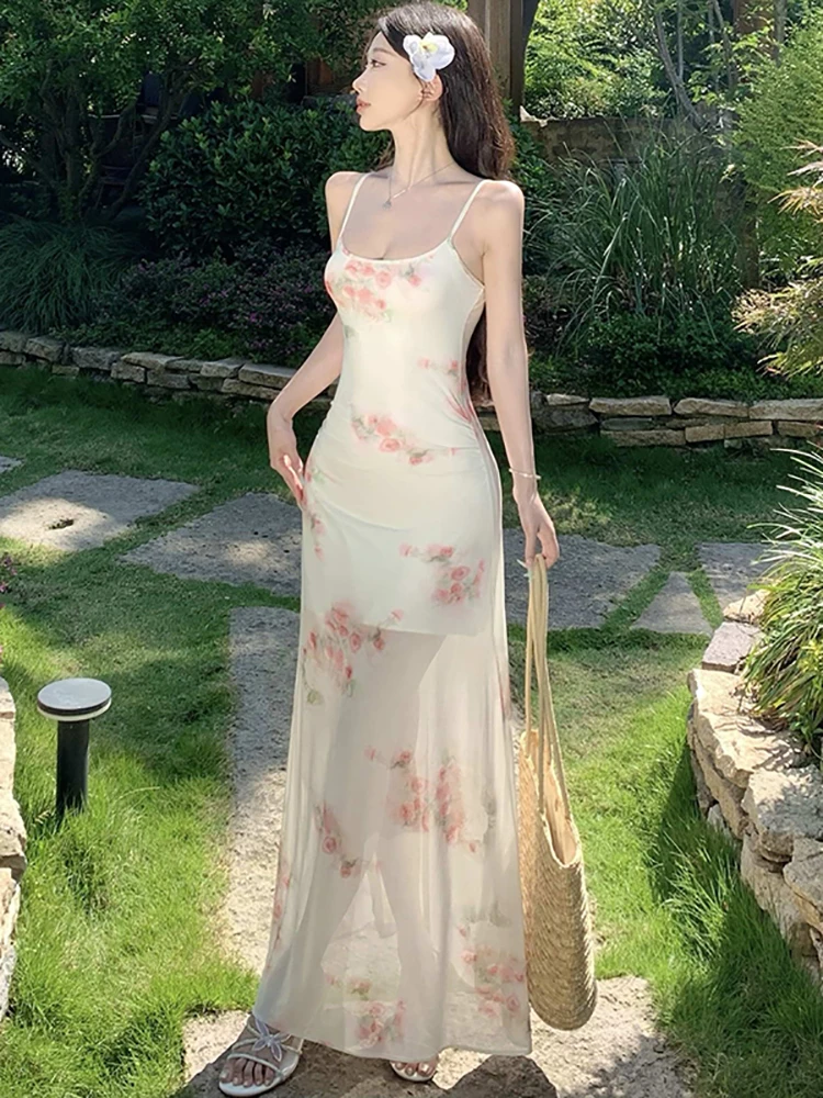 Sommer Floral Mesh Quadrat Kragen Sling Sexy Langes Kleid Frauen Boho Elegante Casual Kleid 2025, Koreanische Mode, Figurbetontes Urlaubskleid