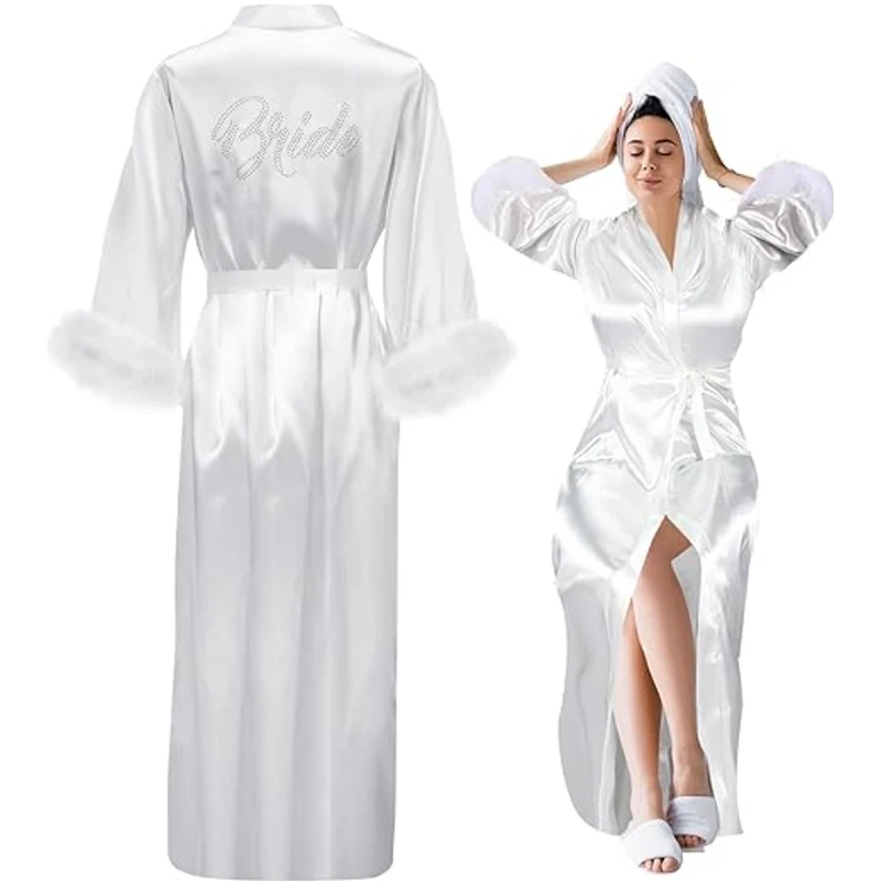 

White Bride Wedding Robe Dressing Gown with Feather Women Luxury Satin Peignoir Sexy Kimono Long Bathrobe Intimate Lingerie